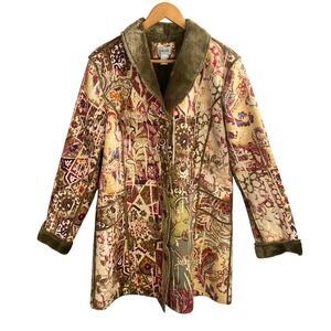Chicos Patchwork Print Faux Fur Lined Coat Jacket Size 2 Penny Lane Boho Artsy